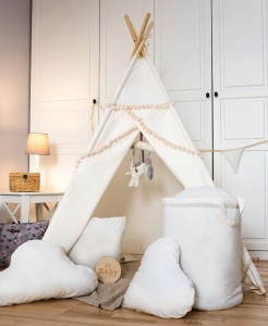 Namiot Tipi dla Dzieci Ecru z pomponikami