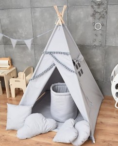 Namiot Tipi dla Dzieci Szary z pomponikami