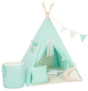 Tipi dla dzieci Miętowy frędzelek z matą i poduszkami