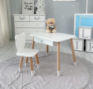 Stolik dziecięcy z szufladą i krzesełkiem miś – biały zestaw mebli
