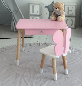 Stolik dziecięcy z szufladą i krzesełkiem motyl – różowy zestaw mebli