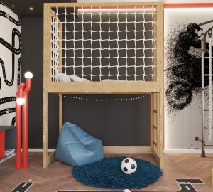 Łóżko antresola ze sznurkowymi panelami i drabinką