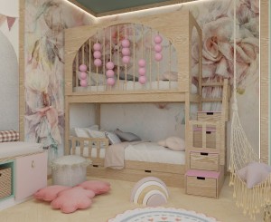 Łóżko piętrowe drewniane z kulkami dekoracyjnymi i szufladami