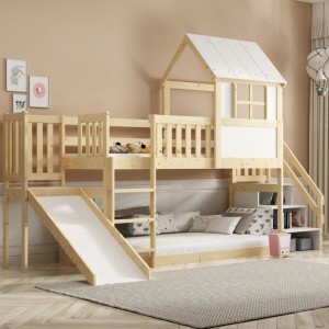 Łóżko piętrowe domek 90×200 ze zjeżdżalnią, schodami i daszkiem – naturalne drewno antresola