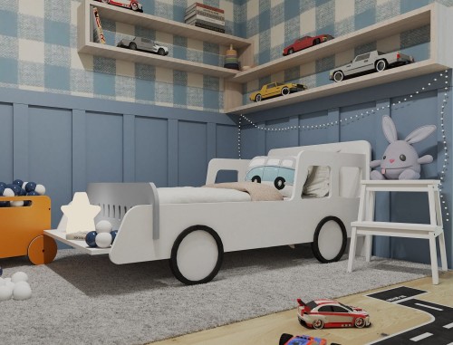 Łóżko dziecięce auto drewniane białe pokój dziecięcy