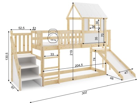 łóżko-piętrowe-domek-90x200-ze-zjeżdżalnią-schody-wymiary